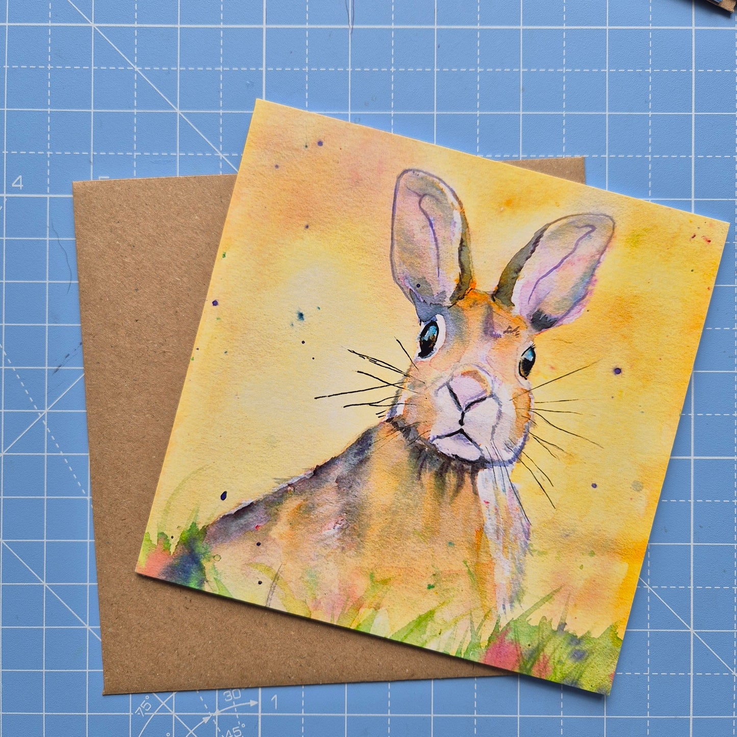 Hare greeting card with yellow background by Jagos Art with kraft eco-friendly envelope