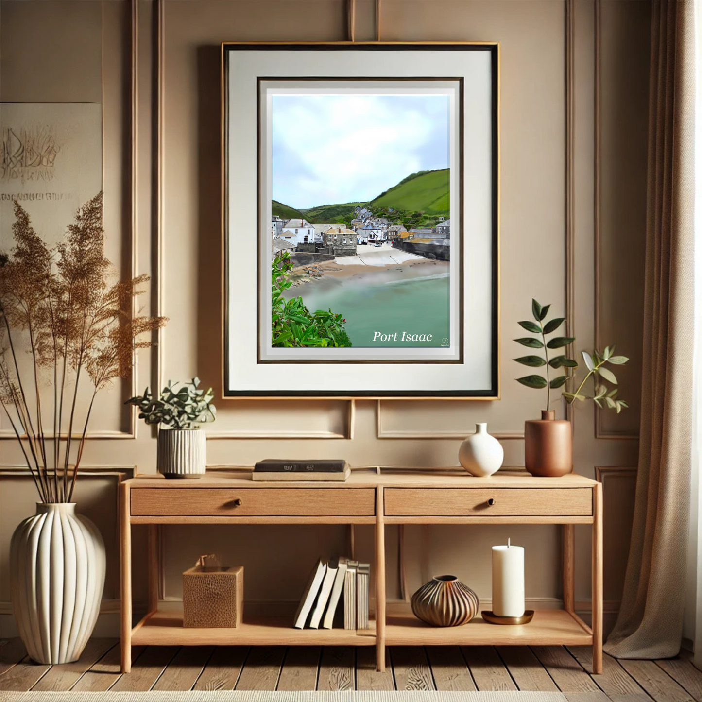 Port Isaac Art Print – Hand-Drawn Cornwall Coastal Village Illustration, Hand-Drawn Cornwall Painting, Cornwall Digital Wall Art