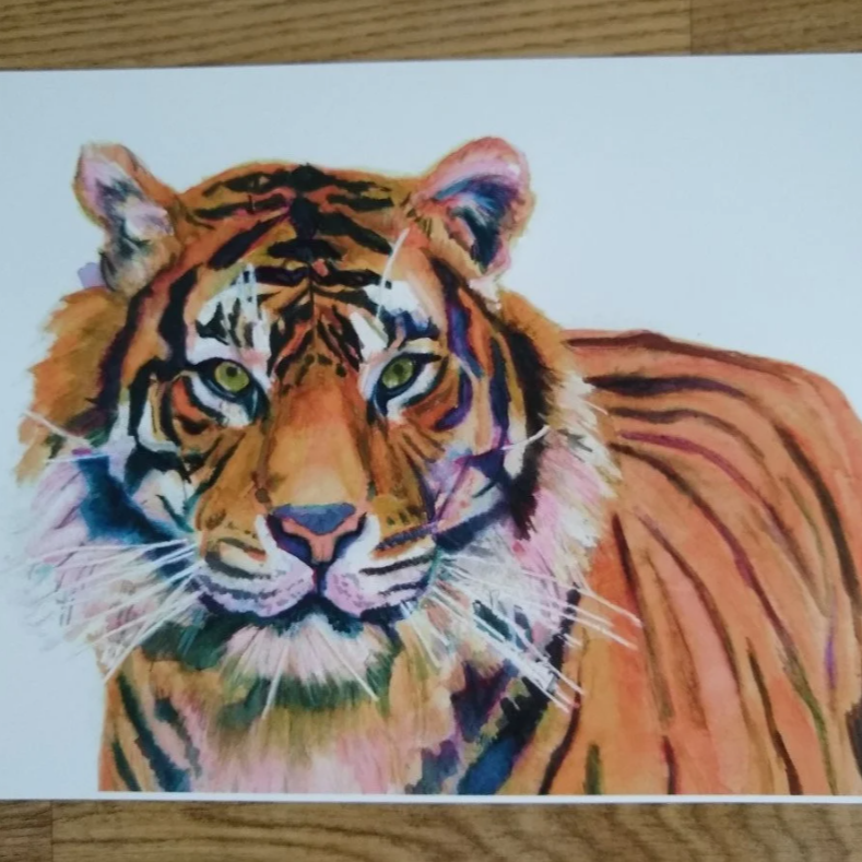 "A A4 art print featuring an original watercolour painting by artist Jagos Art. The artwork showcases a majestic tiger with golden-orange fur and deep purple undertones, gazing intensely at the viewer. Printed on archival paper for lasting vibrancy.