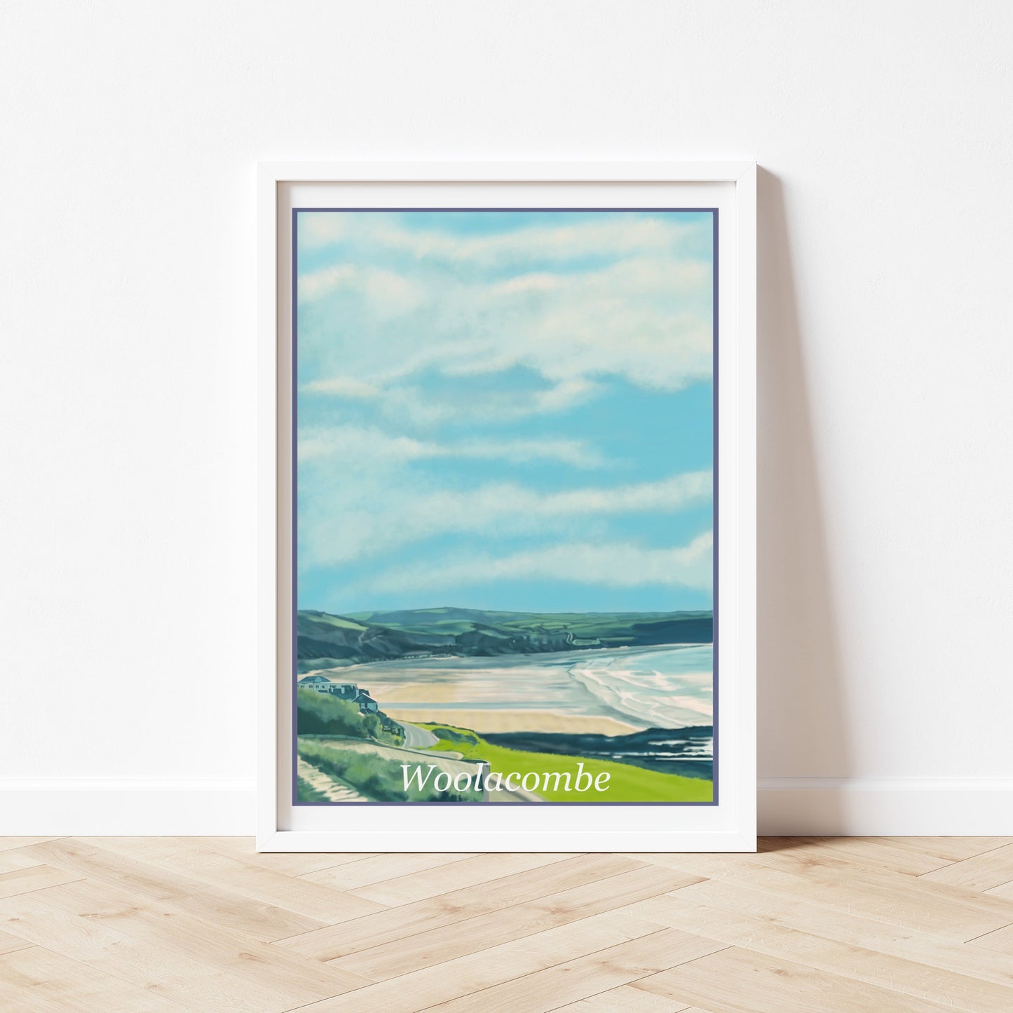 An art print of Woolacombe in North Devon England featuring the beach from a distance and the hillside and cliffside surrounding the beach painted in the style of the old vintage railway poster