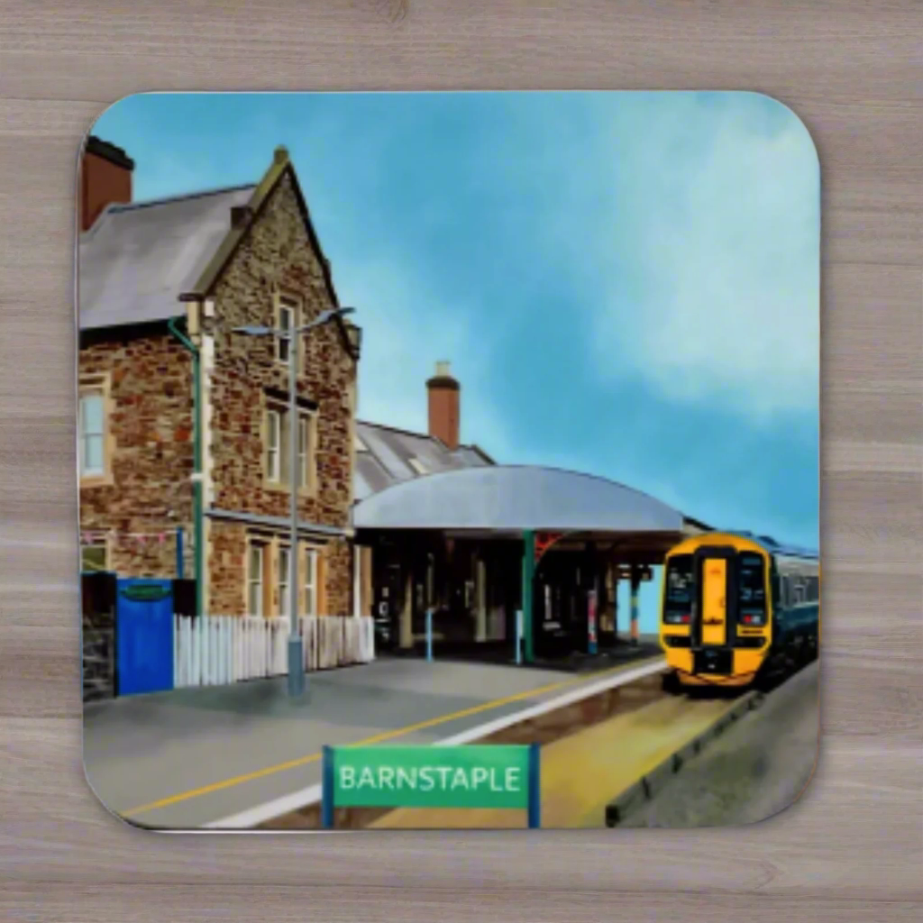 Barnstaple train station coaster featuring platform scene with train and station building