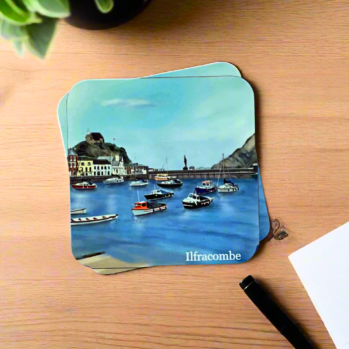 Ilfracombe Harbour Coaster – Coastal Art Print, Cork-Backed Nautical Coaster, North Devon UK Travel Gift