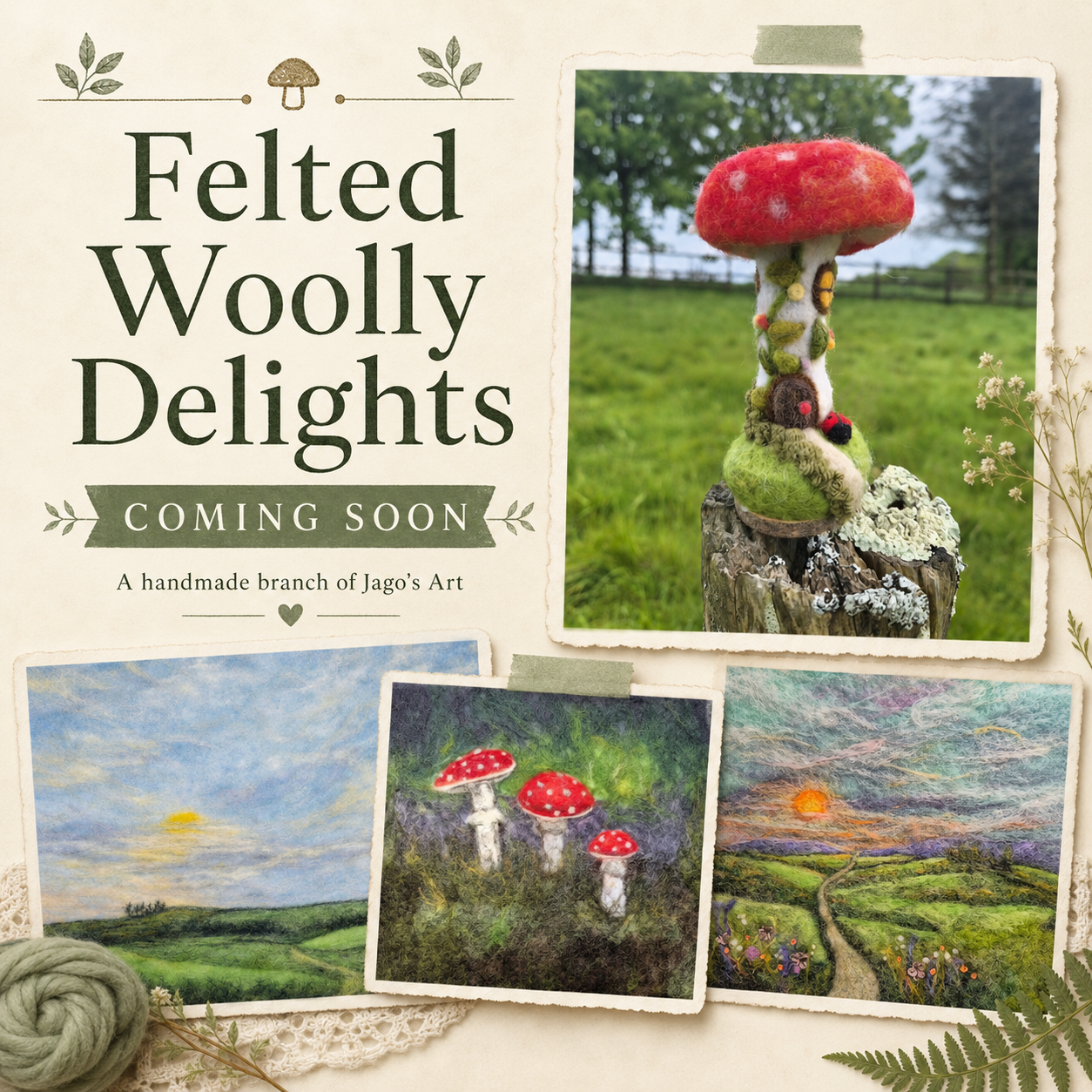 Felted Woolly Delights coming soon collage featuring original needle-felted landscapes, mushrooms and a wool sculpture by Justine