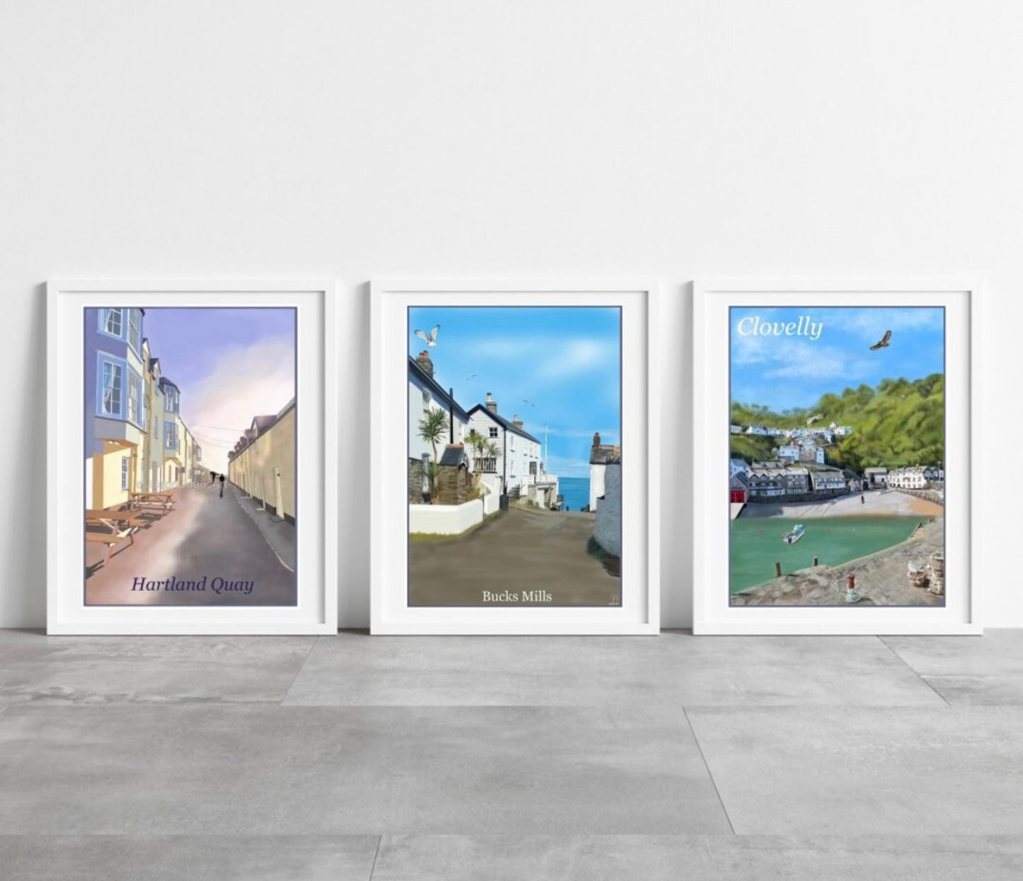 a photo showing three art prints of locations in North Devon namely Hartland Quay, Bucks Mills and Clovelly