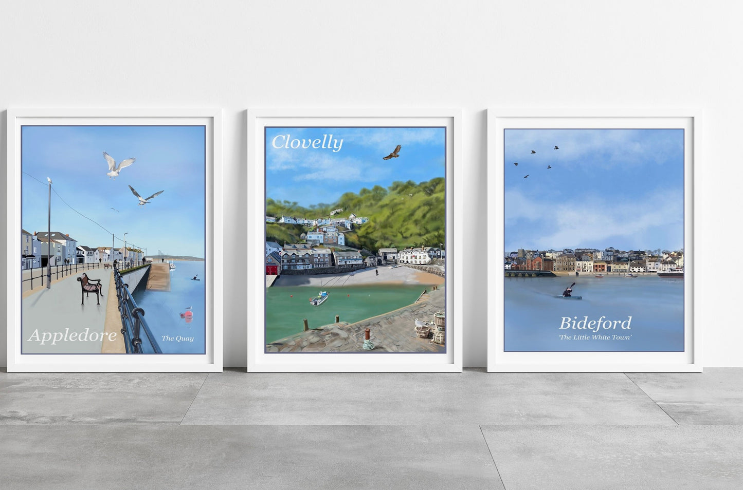 a photo showing three art prints by Jagos Art of locations in North Devon namely Appledore, Clovelly and Bideford