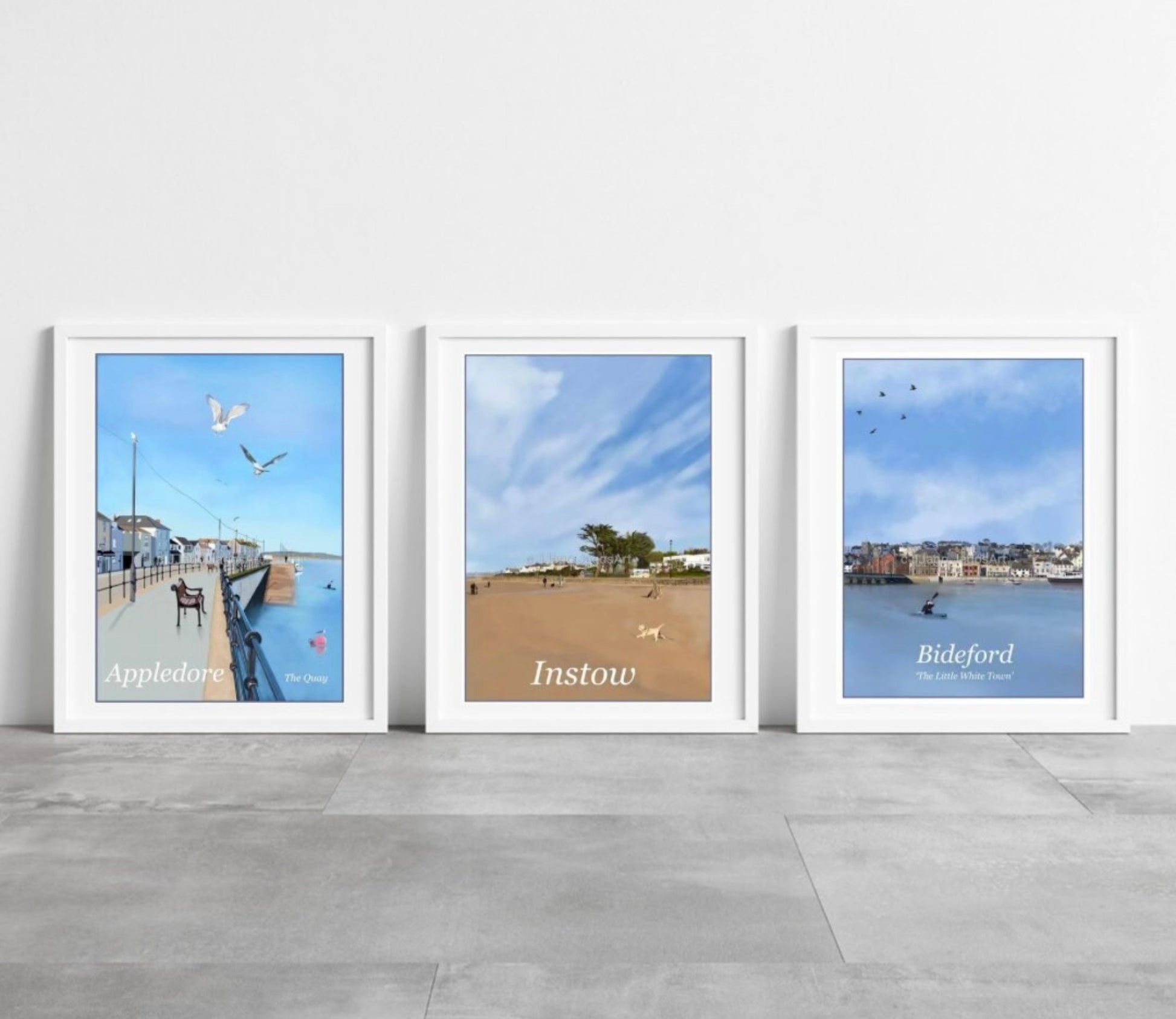 a photo showing three art prints of locations in North Devon namely Appledore, Instow and Bideford