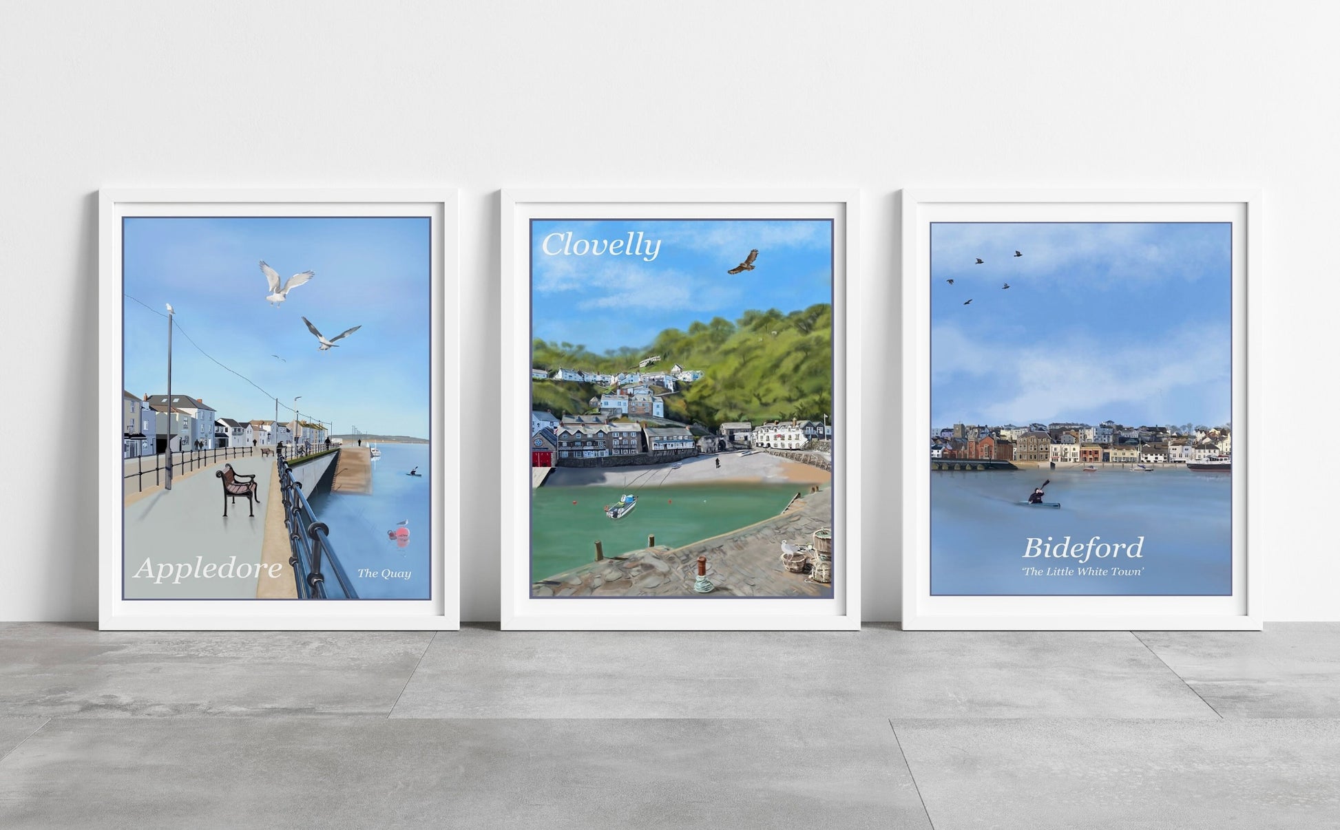 three art prints by Jagos Art which are all framed showing scenes in North Devon namely Appledore, Clovelly and Bideford