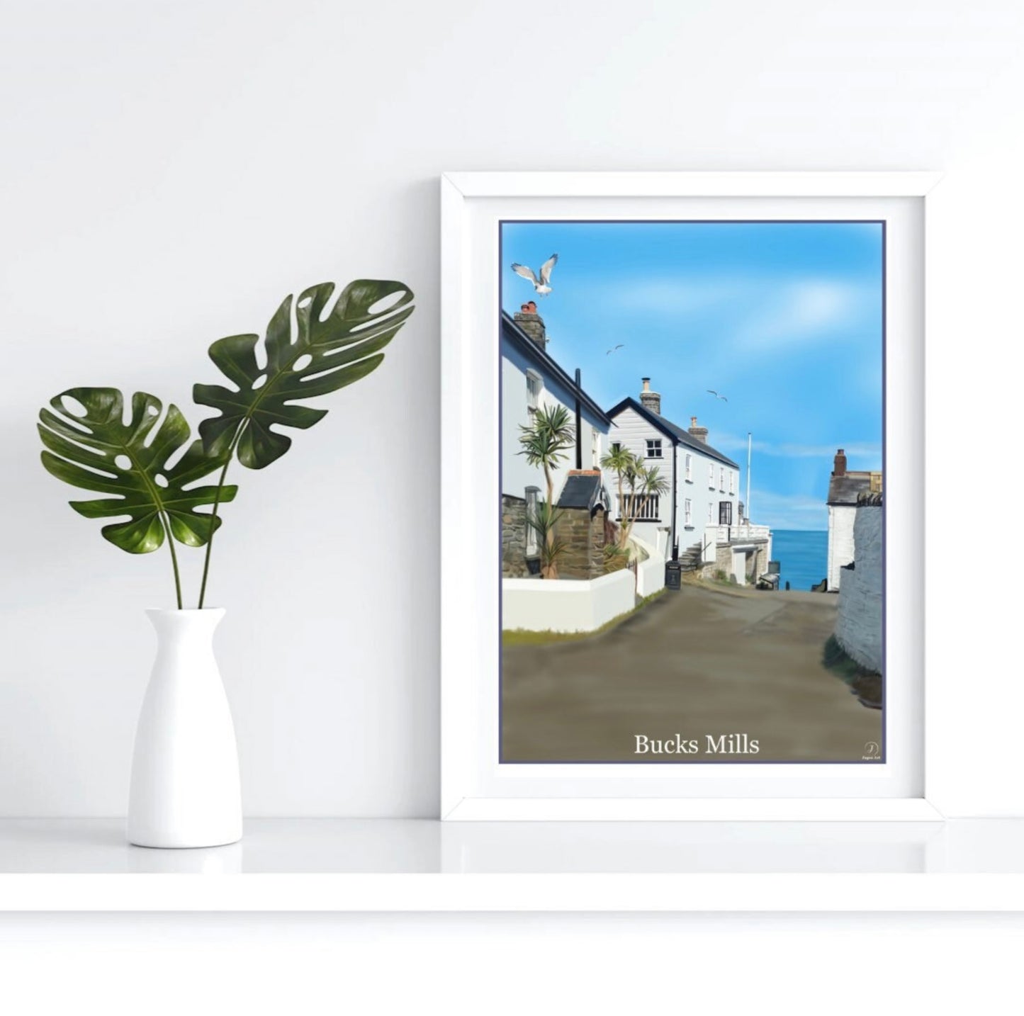 an art print by Jagos Art of Bucks Mills in North Devon showing the houses at the top of the hill leading to the beach