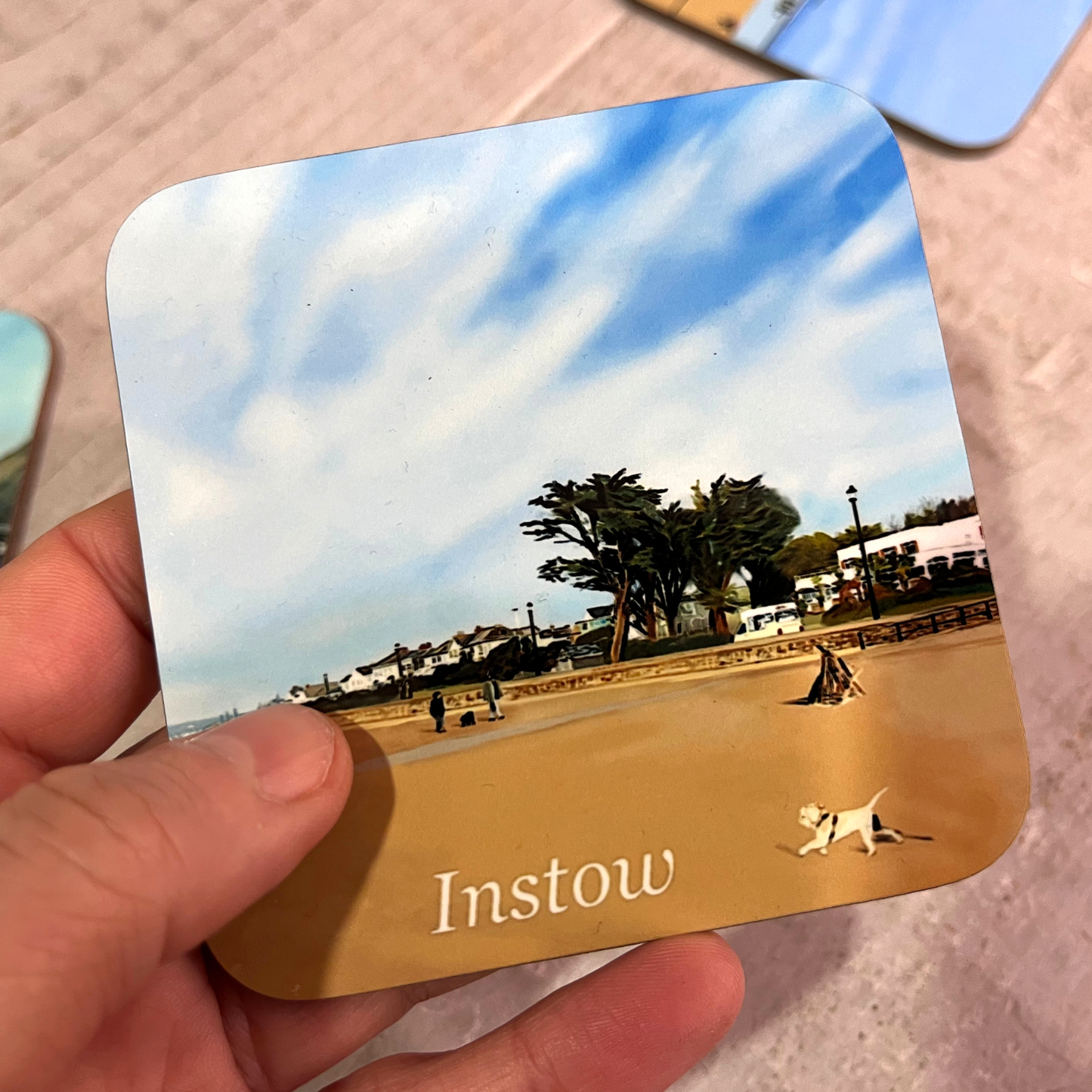 Instow beach coaster with golden sands, blue skies, pine trees, commodore hotel by Jagos Art