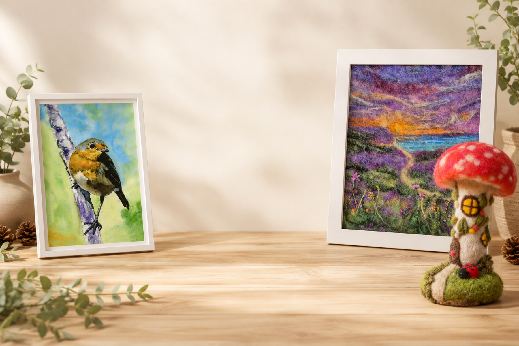 Display featuring a Jagos Art robin print, a Felted Woolly Delights needle-felted landscape and a Felted Woolly Delights mushroom sculpture by Justine
