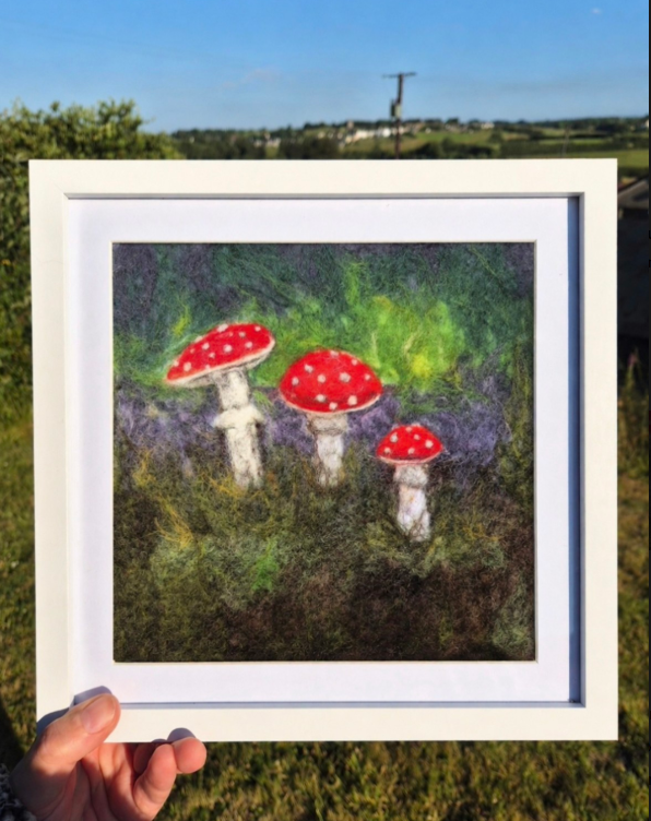 Mushrooms original needle-felted wool artwork in a white frame