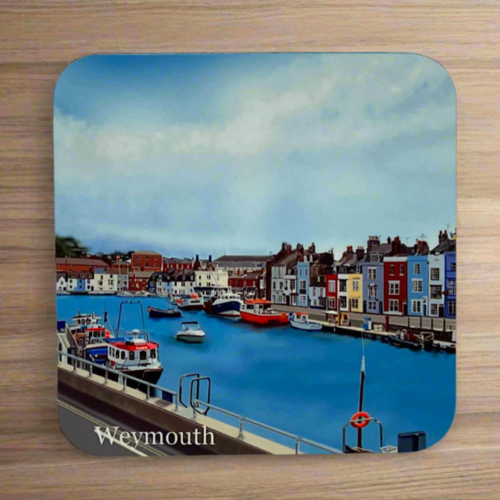Weymouth |Harbour coaster with the boats, blue water, harbour shops and blue sky by Jagos Art