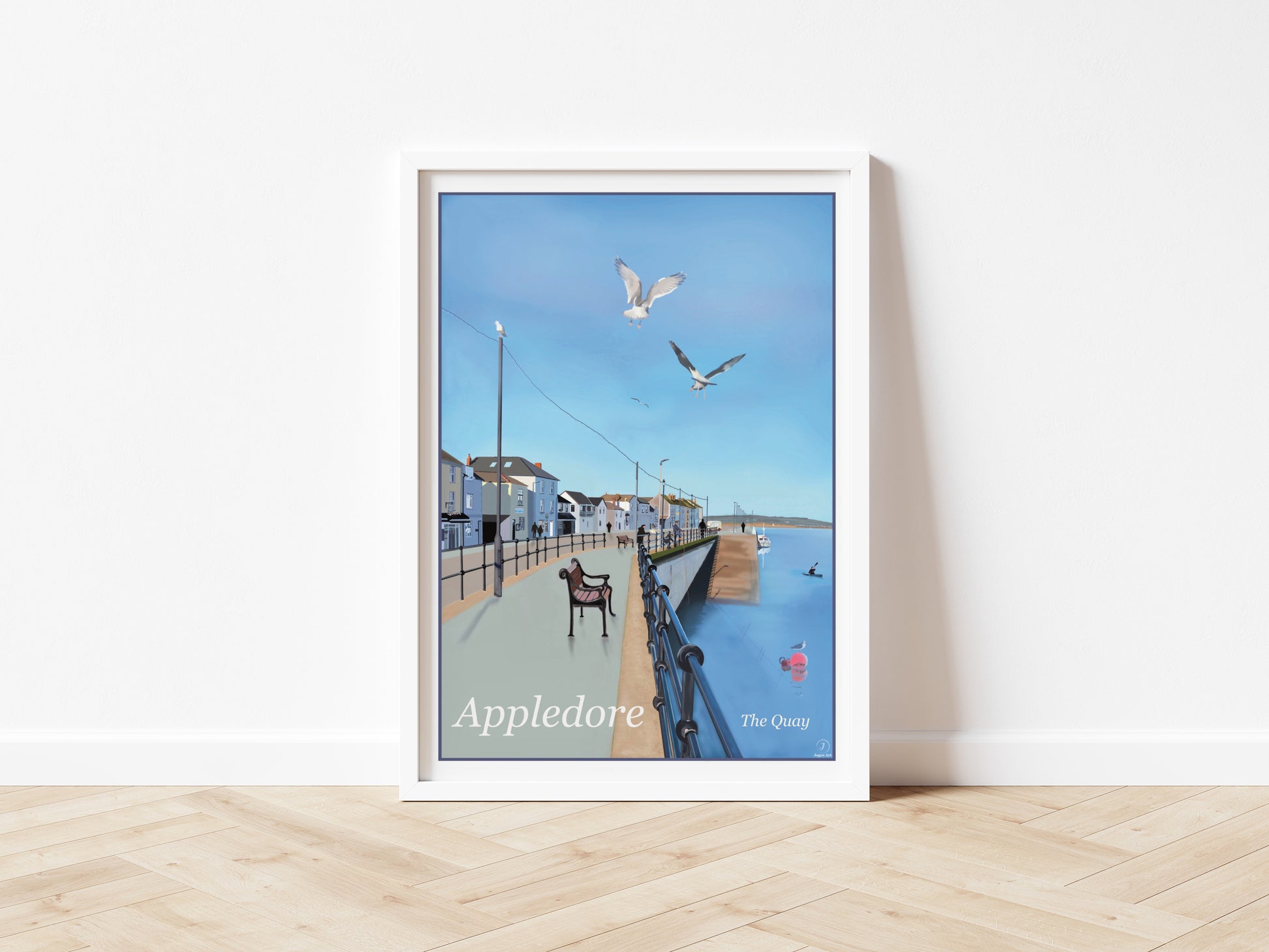 An art print of Appledore Quay in North Devon England drawn by Jagos Art  in the style of the old vintage railway posters and primarily blue in colour 