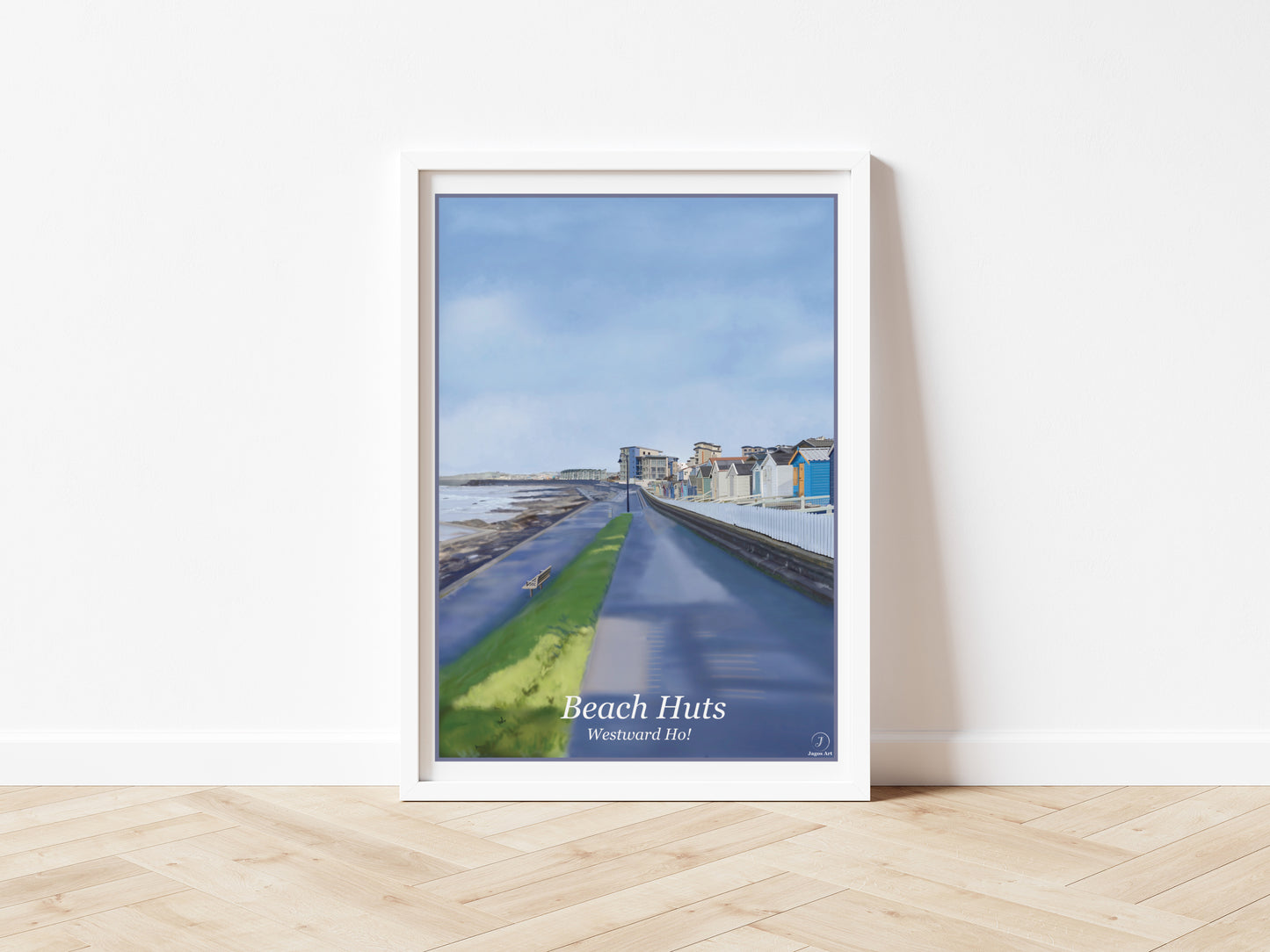 An art print by Jagos Art featuring the Beach Huts in Westward Ho North Devon England drawn in the style of the old vintage railway posters primarily blue and purple in colour