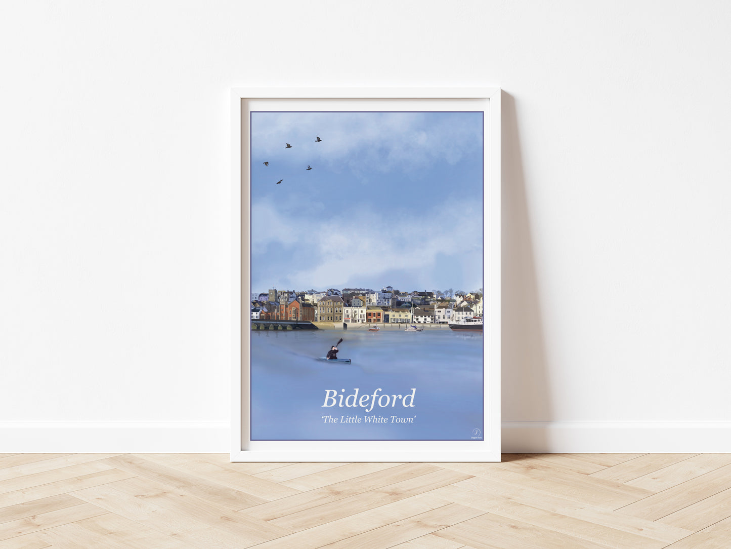 An Art Print by Jagos Art featuring the town of Bideford in North Devon Engalnd showing the old bridge, the river and the town buildings drawn in the style of the old vintage railway posters primarily in the colour blue