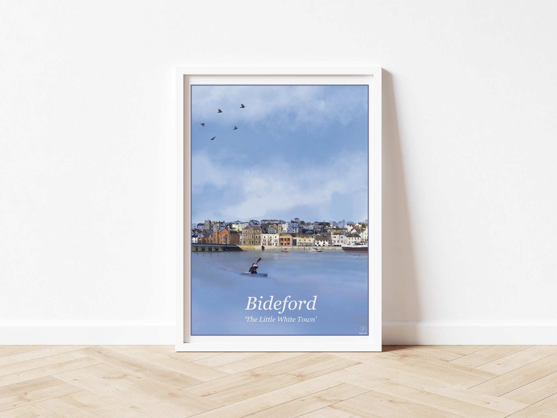 An Art Print by Jagos Art featuring the town of Bideford in North Devon Engalnd showing the old bridge, the river and the town buildings drawn in the style of the old vintage railway posters primarily in the colour blue