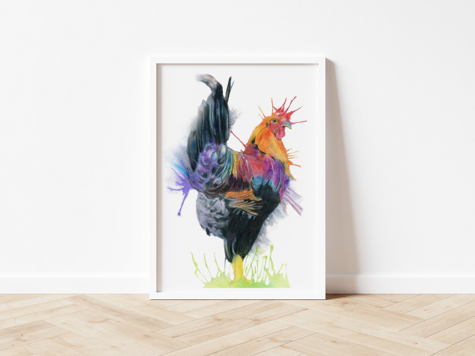 An art print of an original watercolour painting by Jagos Art of a vibrantly coloured Cockerel Rooster in blue purple red and orange tones