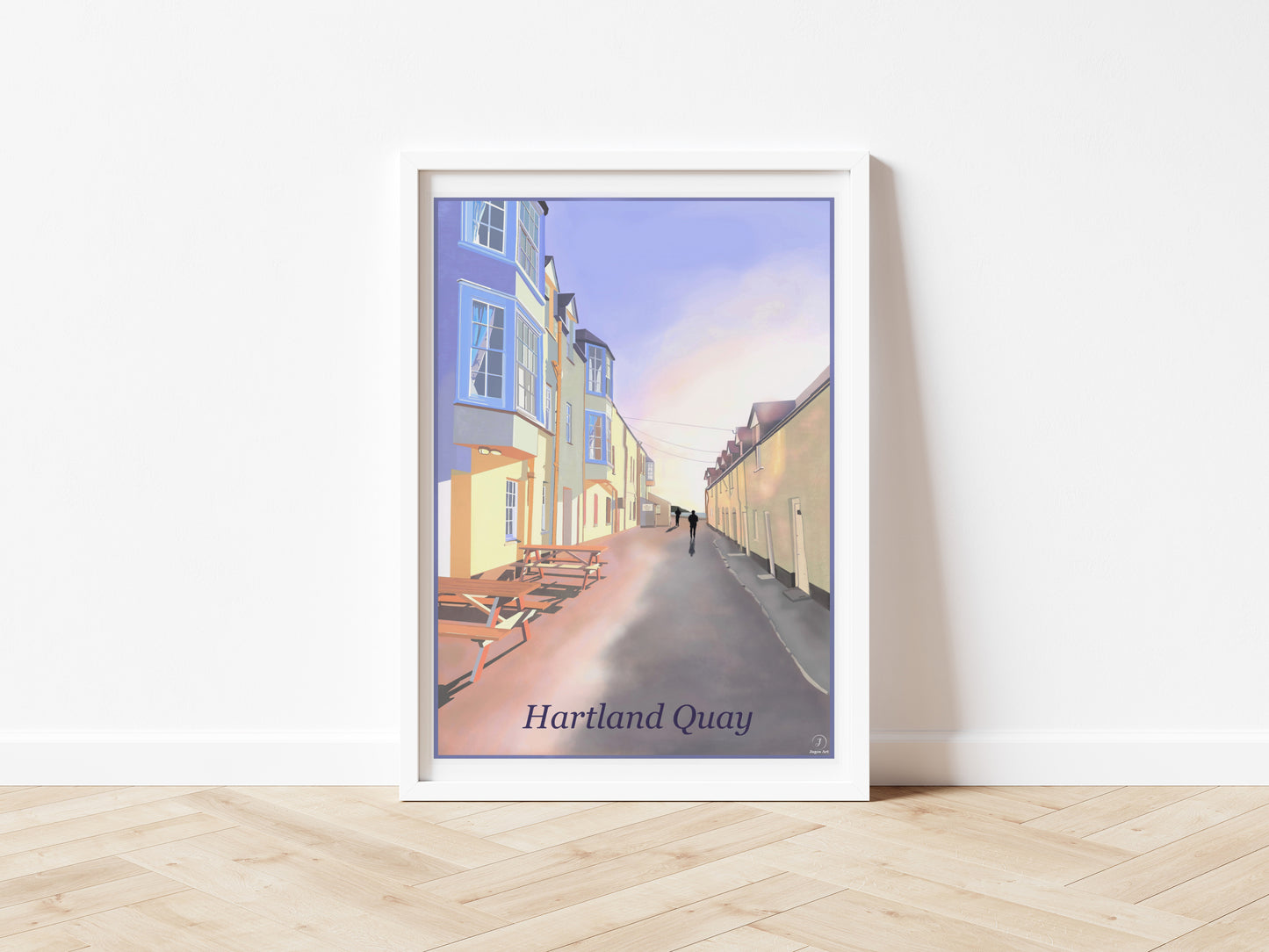 An art print featuring Hartland Quay in North Devon England showing the old Hotel and fisherman cottages capturing the charm of the past primarily in purple pink and yellow tones