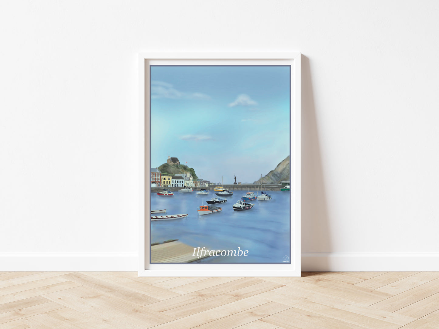 An art print of Ilfracombe Harbour showing the harbour with several fishing points moored up, some buildings, the cliffs and the Verity statue in the distance the primary colour being blue painted in the style of the old vintage railway posters