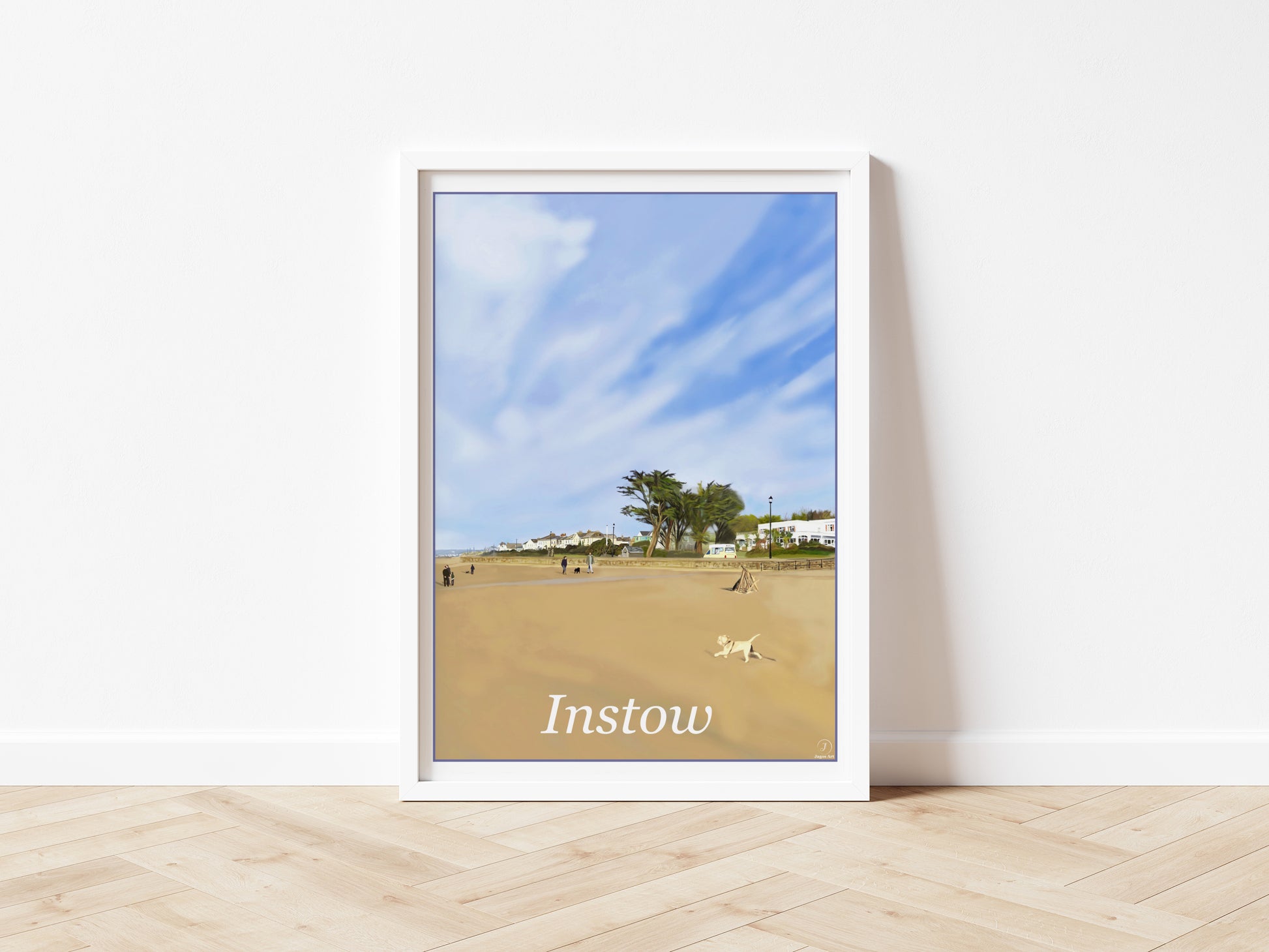 An art print of Instow beach in North Devon England featuring the commordore hotel in the background, the large trees and the sandy beach with a small dog running painted in the style of the old vintage railway posters with primary colours blue, sandy orange and green