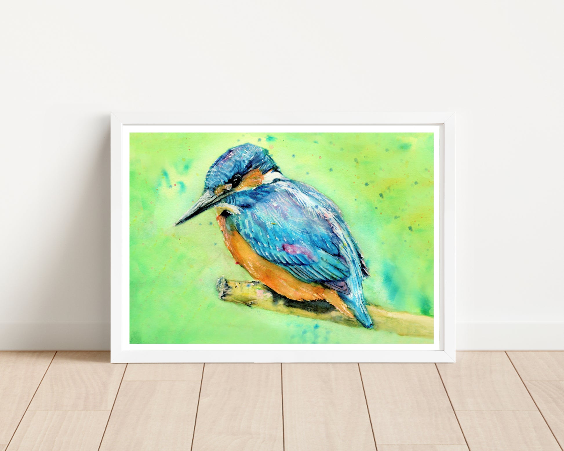 An art print of an original watercolour painting of a stunning Kingfisher sitting on a tree branch primarily colours being blue orange and a vibrant green background