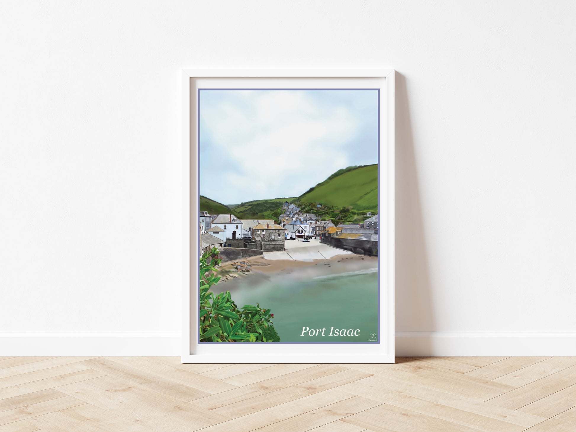 An art print of Port Isaac Cornwall England featuring a view looking down onto the village from the sea wall looking down on the beach and old buildings with their unique character and the hillside in the background drawn in the style of the old vintage railway posters