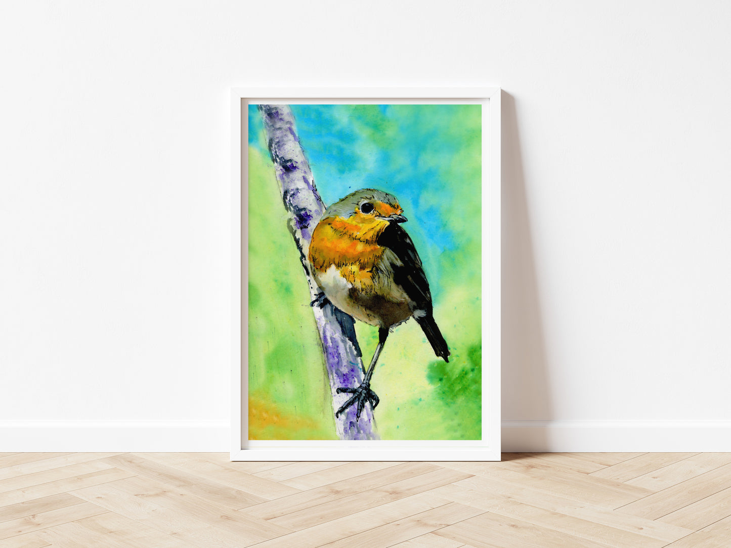 A vibrant art print of an original watercolour painting of a gorgeous Robin perched on a tree branch with a lovely green and blue background