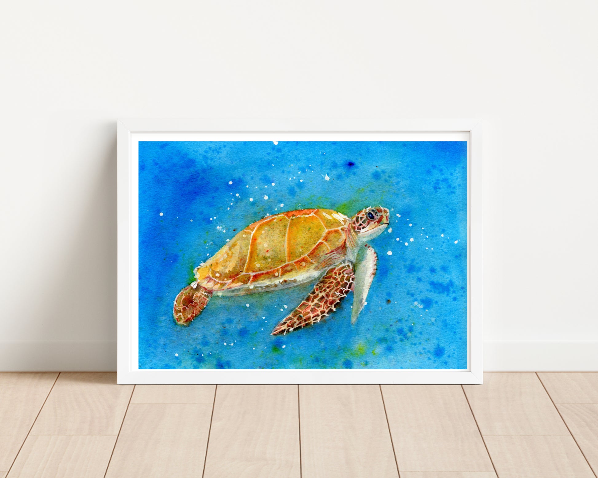 An art print of an original mixed media painting of a stunning Sea Turtle swimming in the beautiful vibrant blue sea