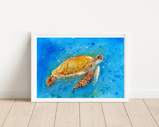 An art print of an original mixed media painting of a stunning Sea Turtle swimming in the beautiful vibrant blue sea