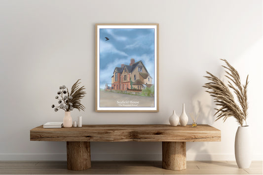 An art print of Seafield House in Westward Ho North Devon England also known by locals as The Haunted House drawn in the style of the old vintage railway posters