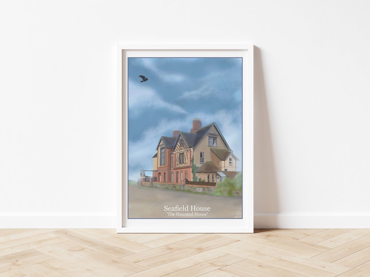 An art print of Seafield House in Westward Ho North Devon England also known by locals as The Haunted House drawn in the style of the old vintage railway posters