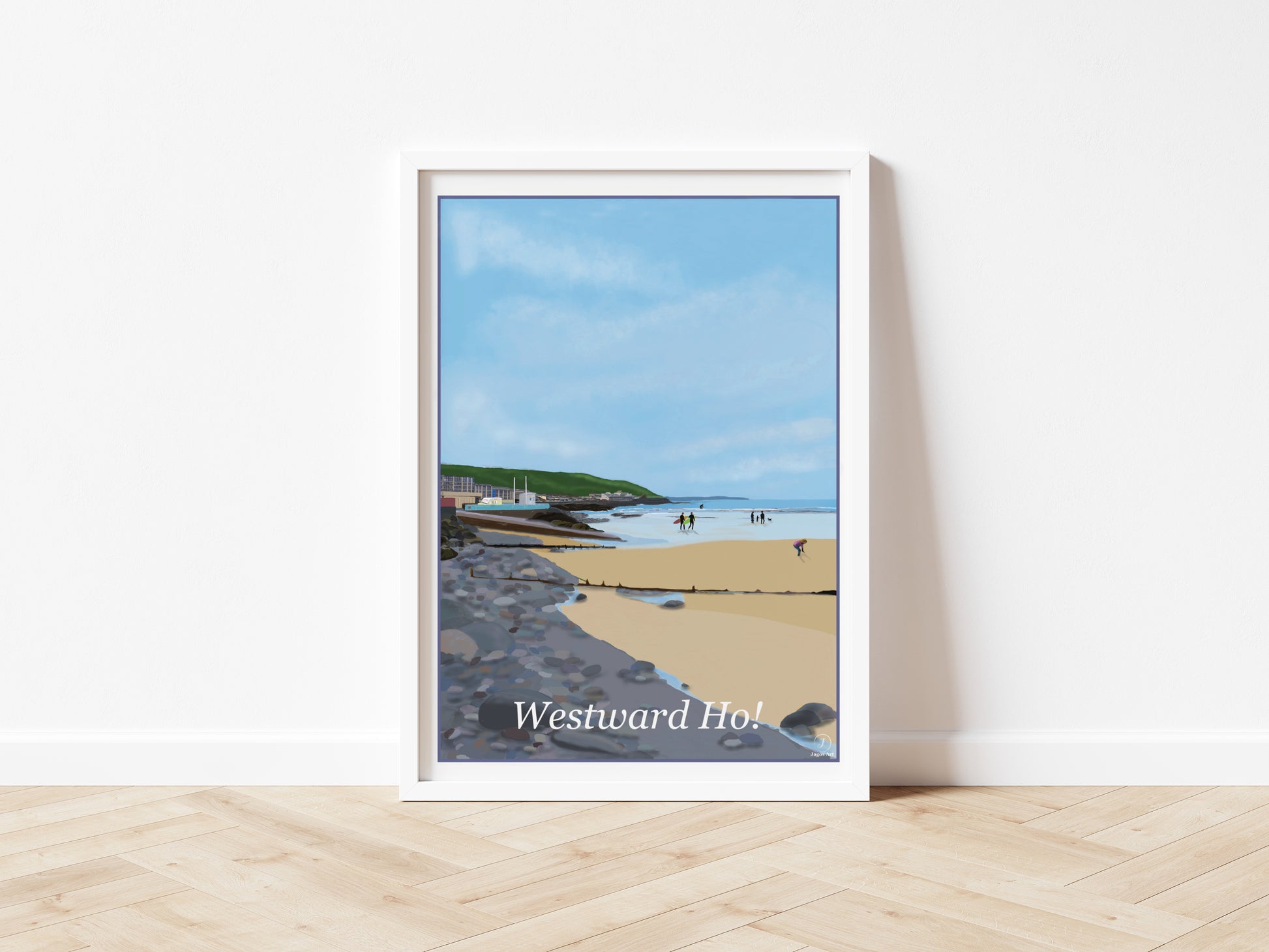 An art print of Westward Ho North Devon England featuring the beach the pebbleridge the slipway and the cliffs in the distance painted in the style of the old vintage railway posters