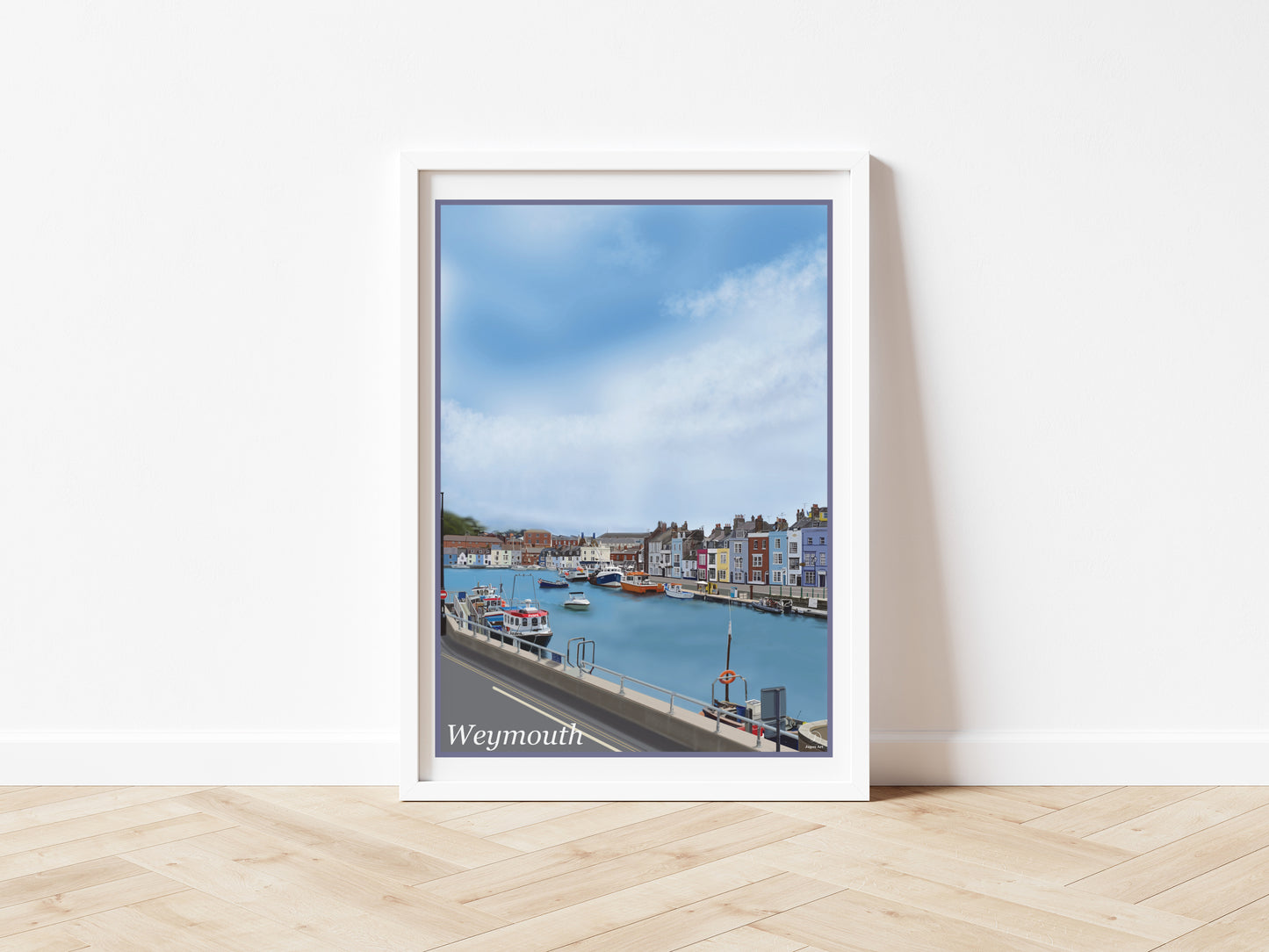 An art print of Weymouth Harbour in Dorset England featuring the harbour with the boats moored up and the beautifully painted buildings painted in the style of the old vintage railway posters