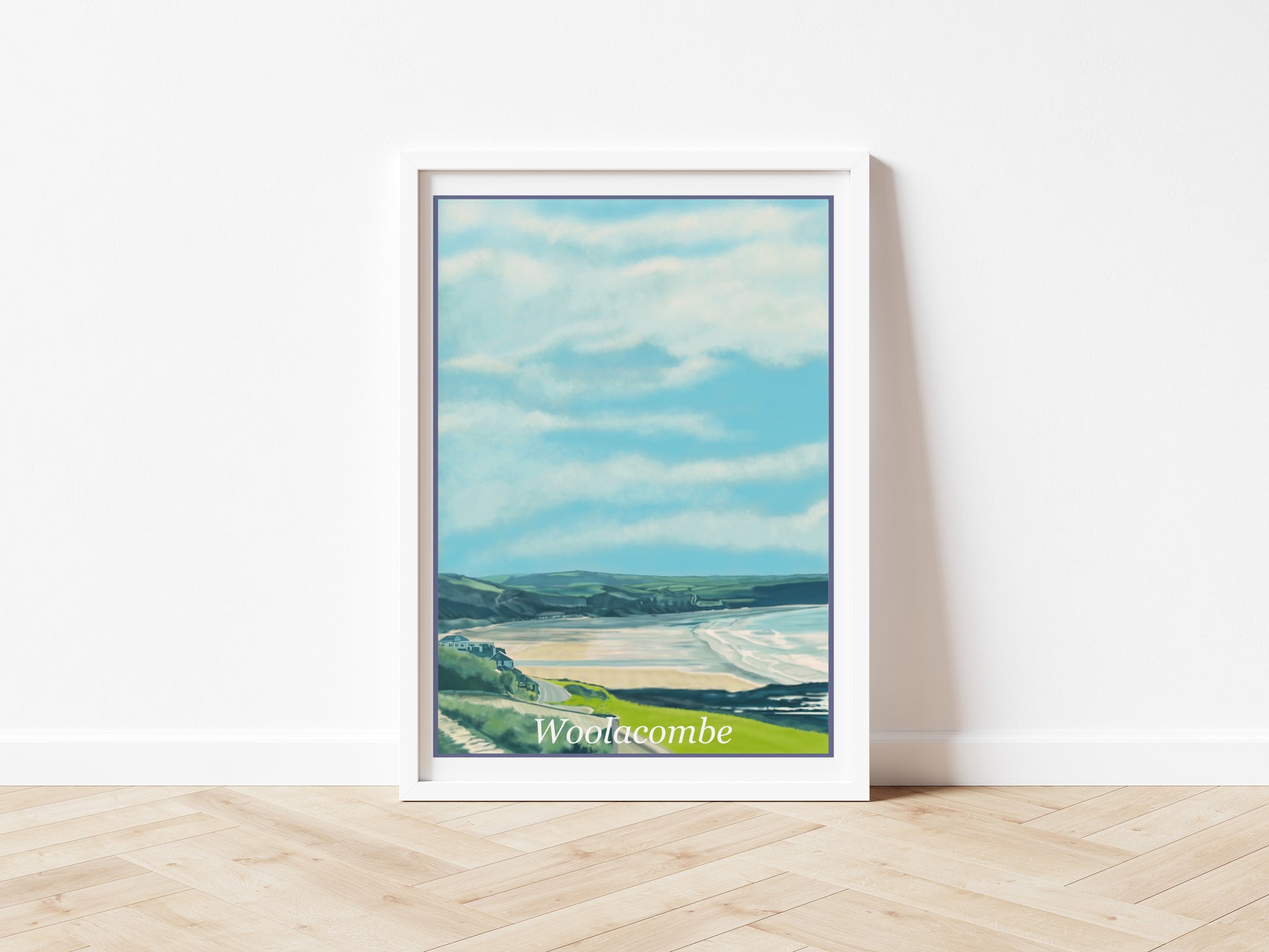 An art print of Woolacombe in North Devon England featuring the beach from a distance and the hillside and cliffside surrounding the beach painted in the style of the old vintage railway poster